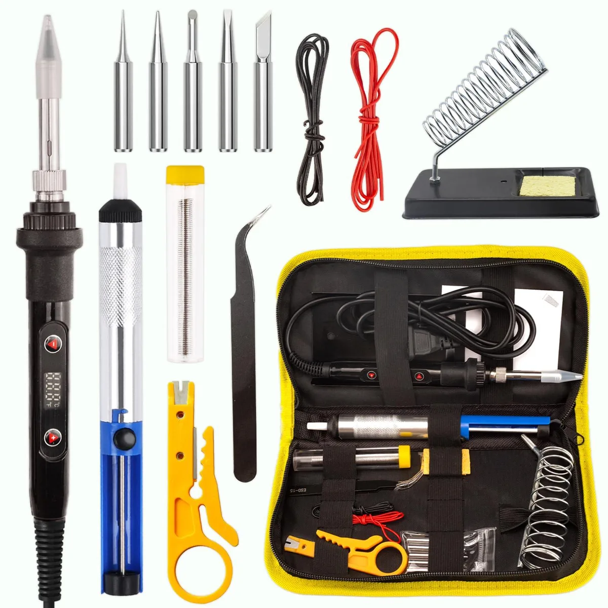 WellerMan 80W soldering kit with LCD iron, tips, pump, wire and stand in zippered bag