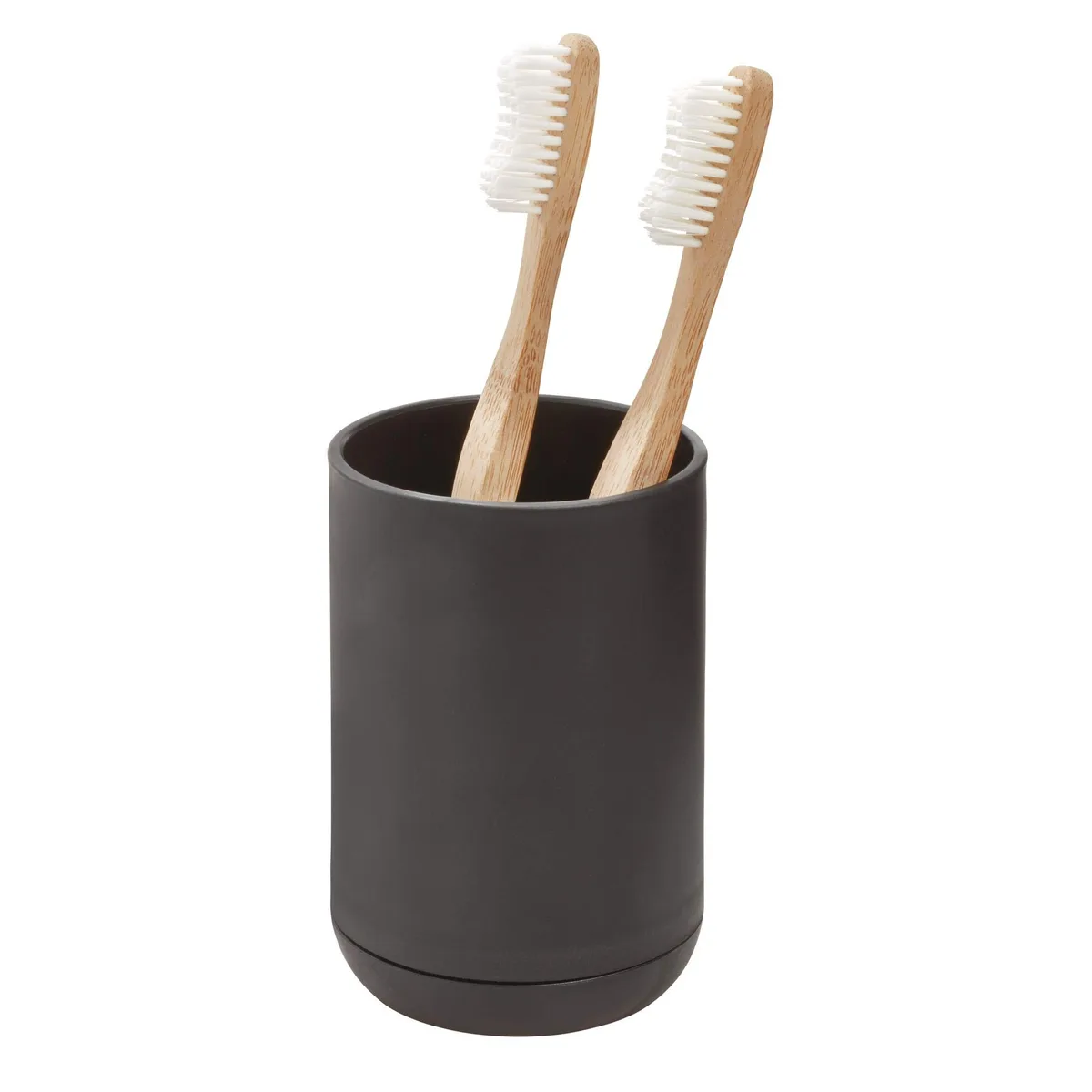 Matte black cylindrical toothbrush holder with three slots, removable outer shell