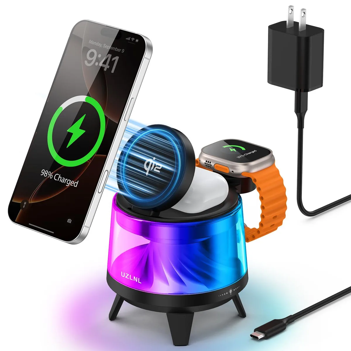 White three-in-one wireless charging stand with MagSafe phone pad, Apple Watch puck, AirPods base and RGB light ring