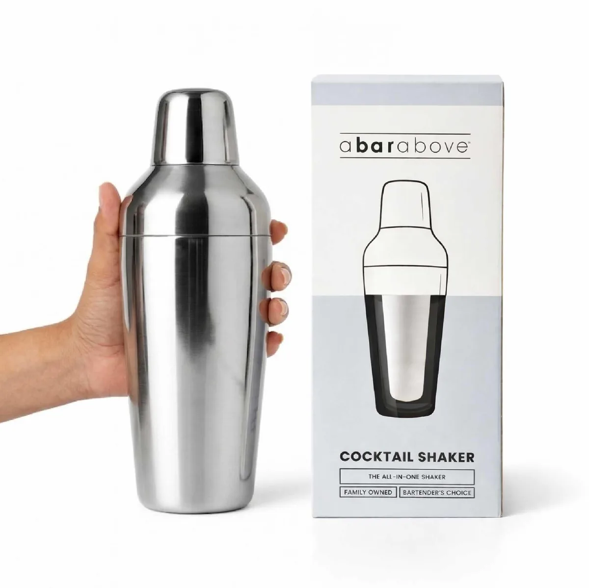 Mirror-polished stainless steel cobbler shaker with built-in strainer cap and engraved measuring jigger cap