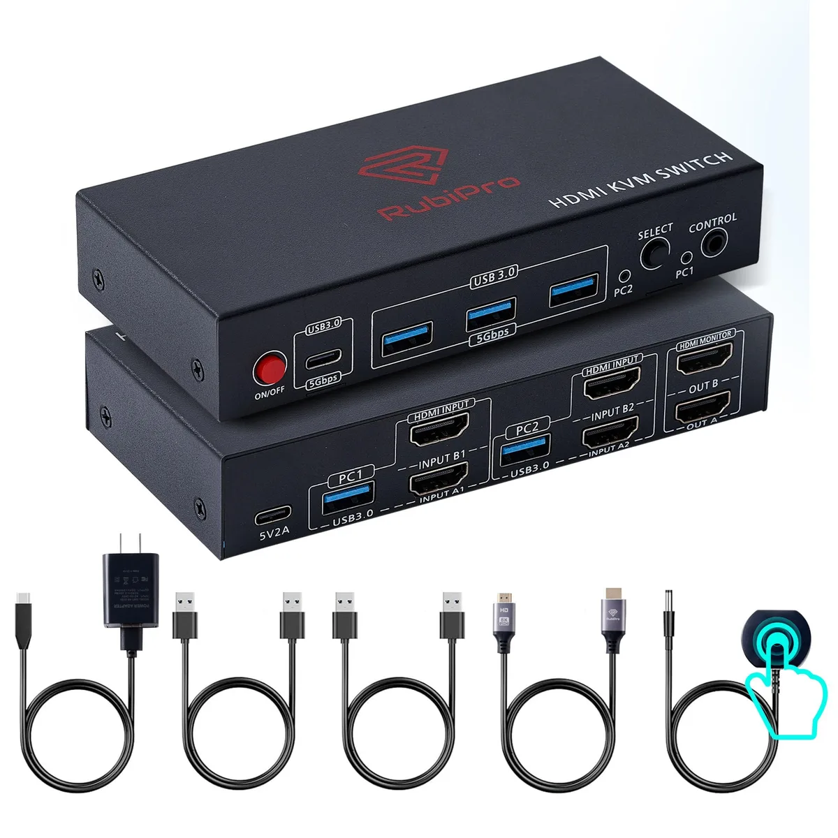  TRENDnet HDMI KVM Switch 2 Monitor 2 Computer 8K@60Hz 4K@120Hz USB 3.0 Hub Wired Remote Braided Cable — product photo