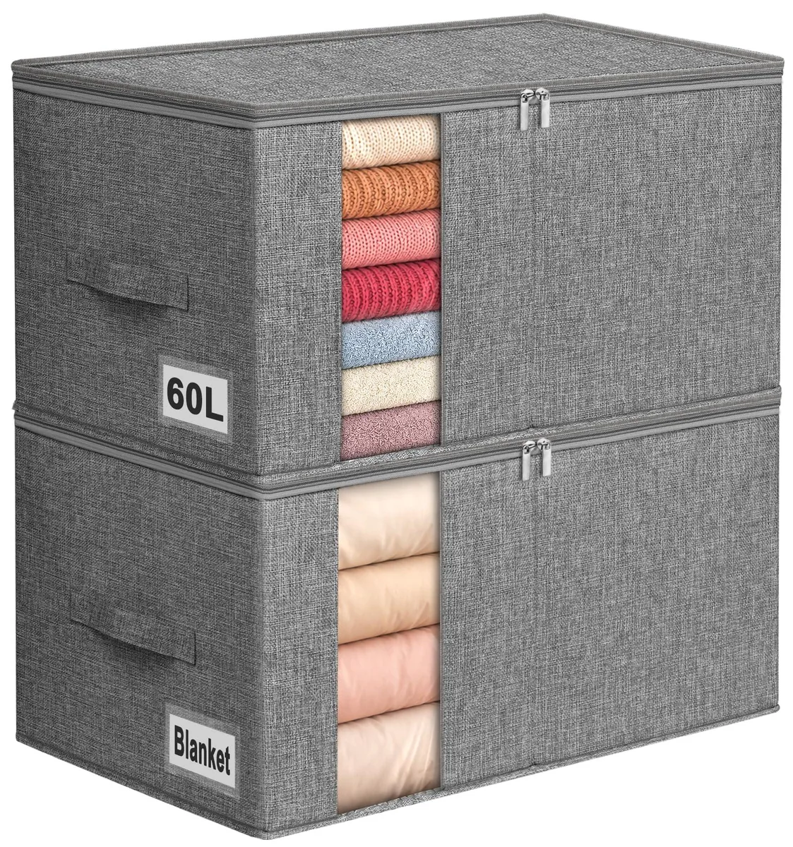 Two gray rectangular fabric storage bins with clear side windows and reinforced handles, stacked on a shelf