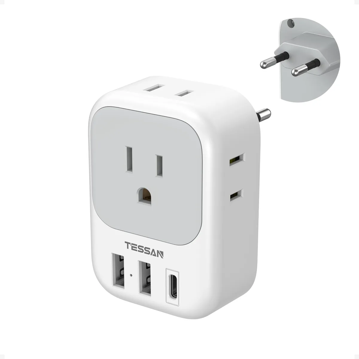 White-grey Type C travel adapter with four AC outlets and three USB ports