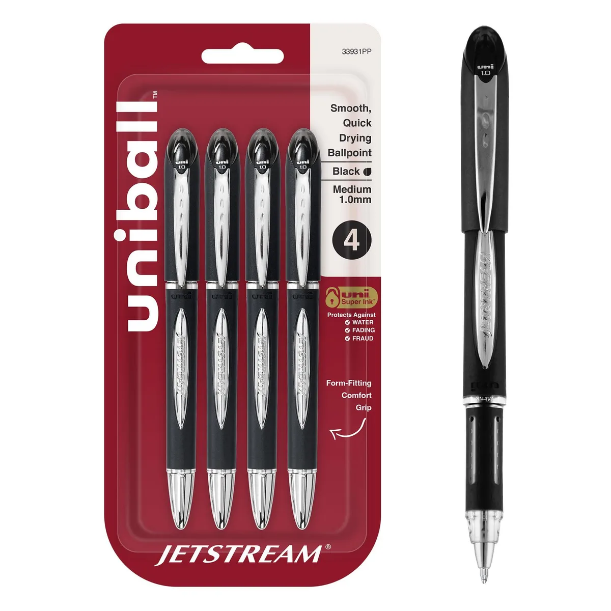 Four black retractable ballpoint pens with plastic barrels and 1.0mm tips