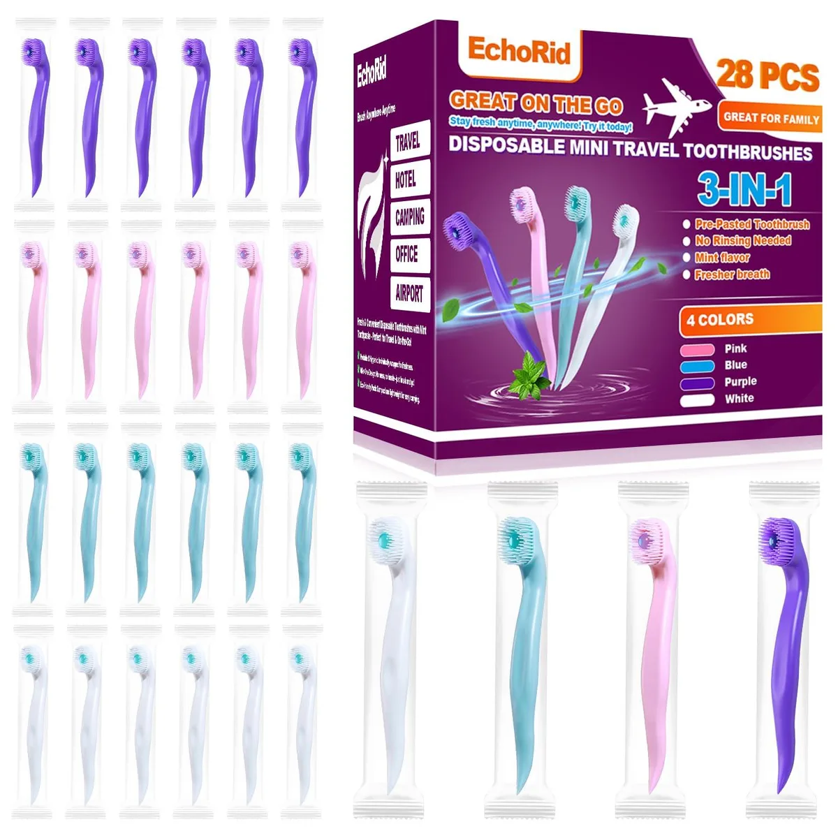 Box of 28 mini disposable mint toothbrushes with toothpick ends