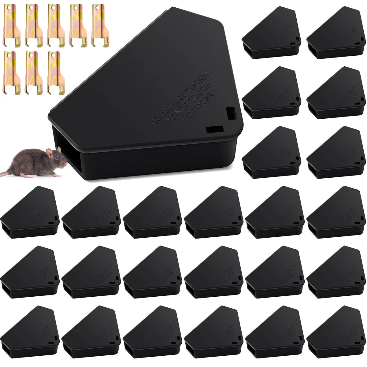 Twenty-four black triangular plastic bait stations with lock and key