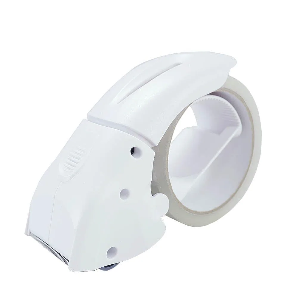White ABS hand-held tape gun with ergonomic grip and serrated blade