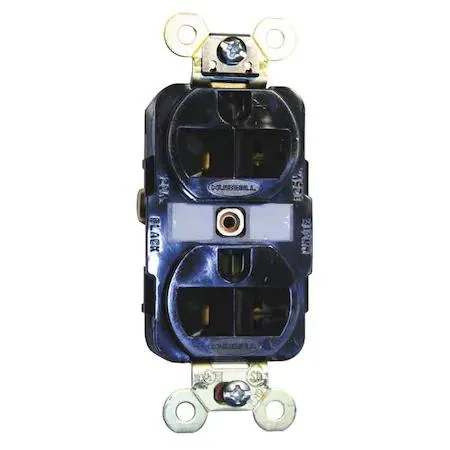 Black duplex receptacle with two vertical slots and a grounding hole, flush-mount nylon face
