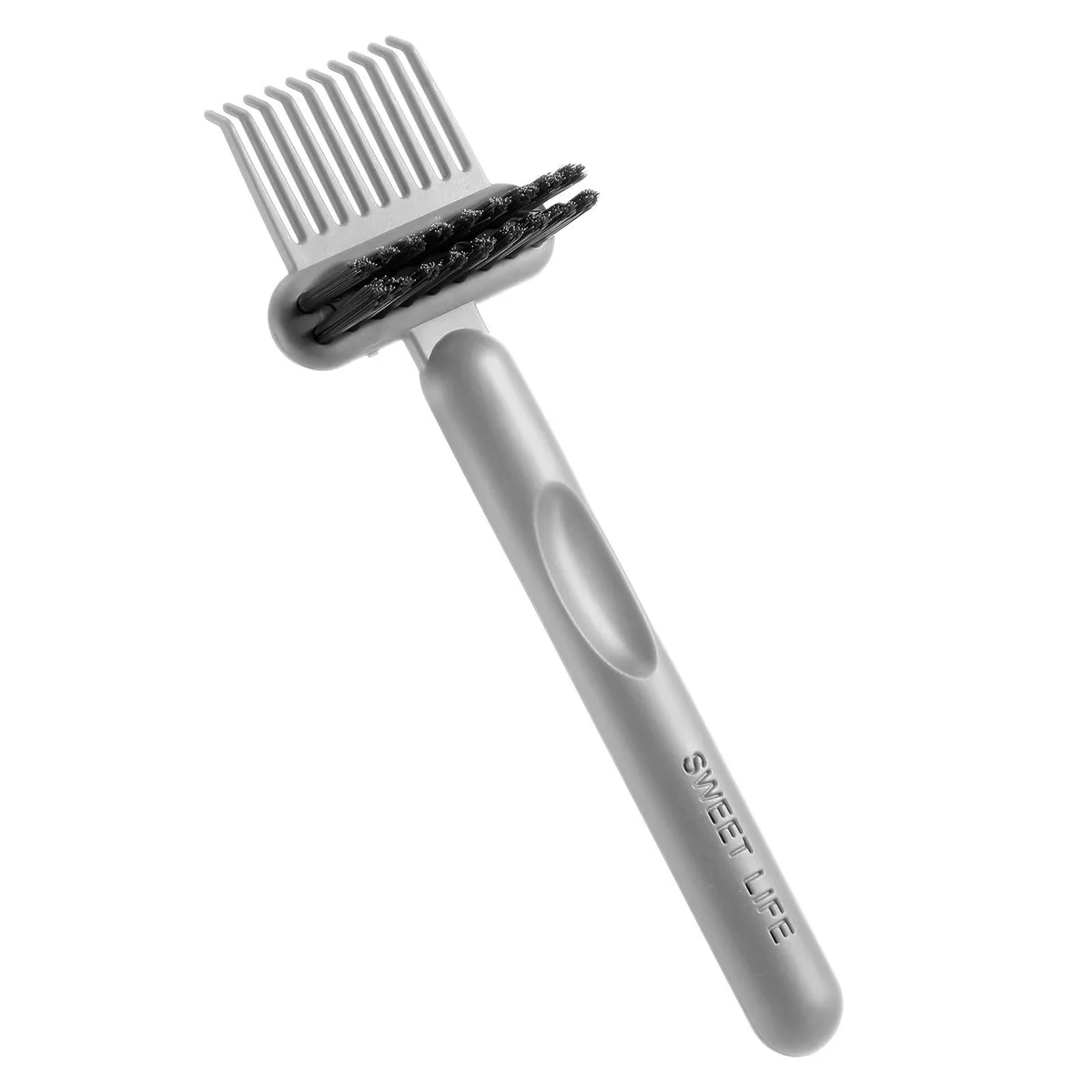 Grey double-sided hair brush cleaner with cleaning claws and bristles, compact plastic handle
