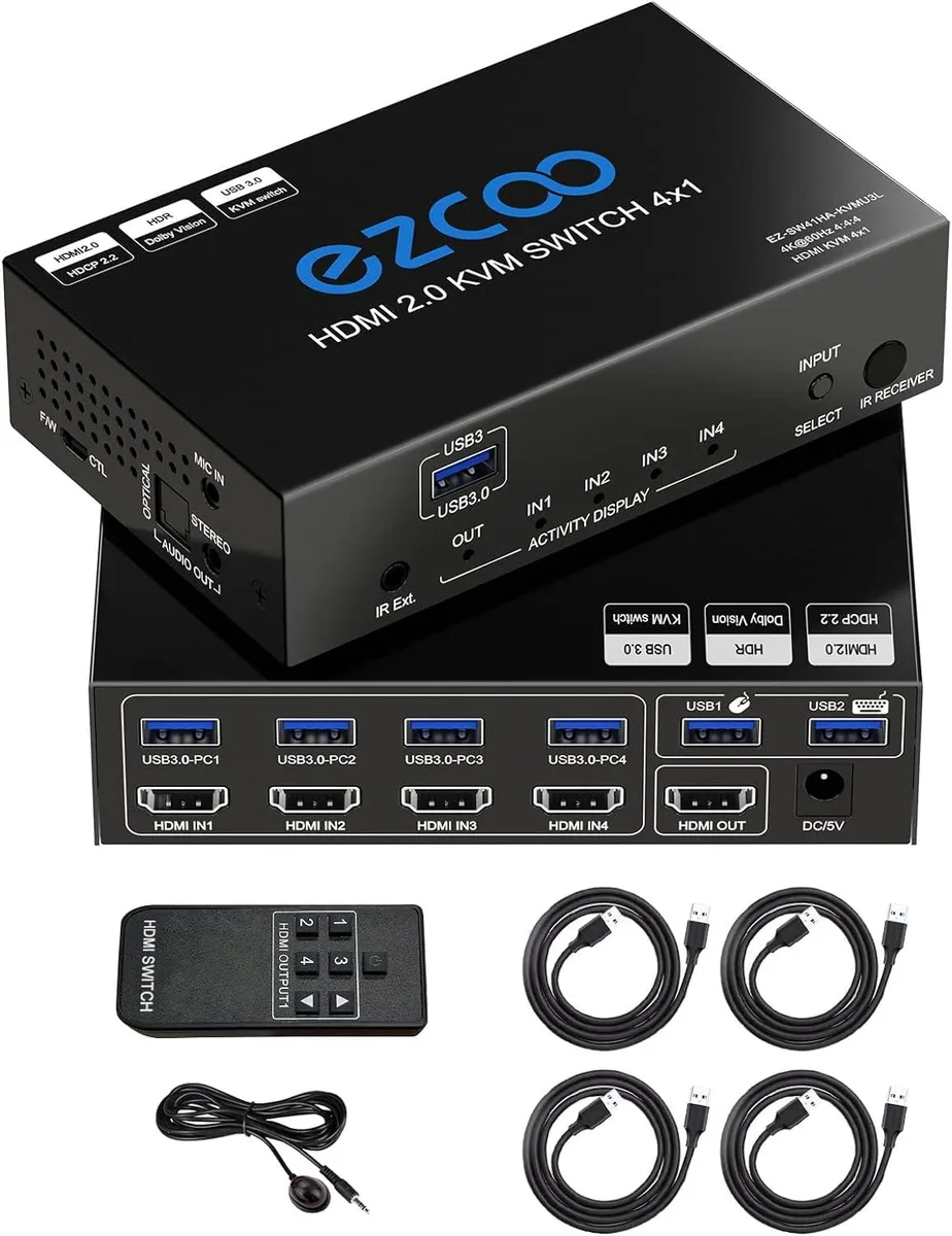 FOCUSTEC FOCUSTEC USB 3.0 4-Port HDMI KVM Switch 4K 60Hz 1080p 144Hz SPDIF IR Remote — product photo
