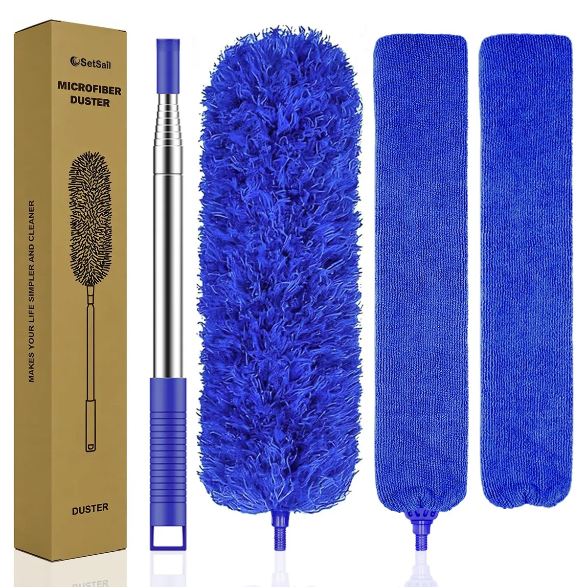 Blue extendable microfiber duster kit with bendable head, telescopic pole up to 100 inches