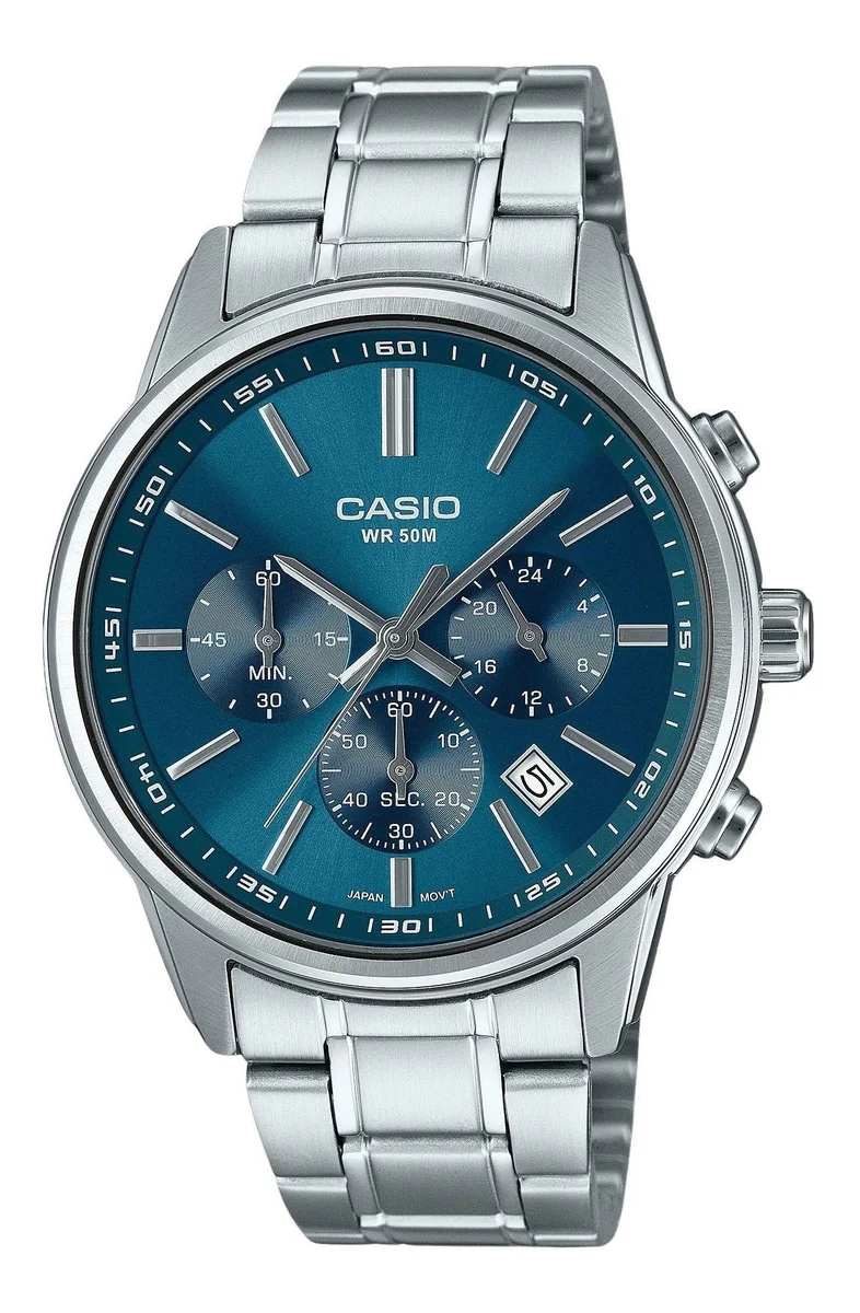 Silver stainless steel round watch with blue dial, three sub-dials and metal bracelet