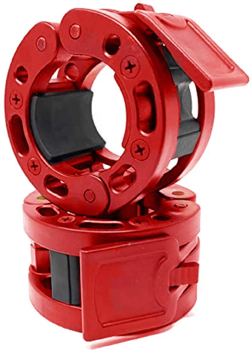 Pair of red plastic barbell collars with single quick-release levers