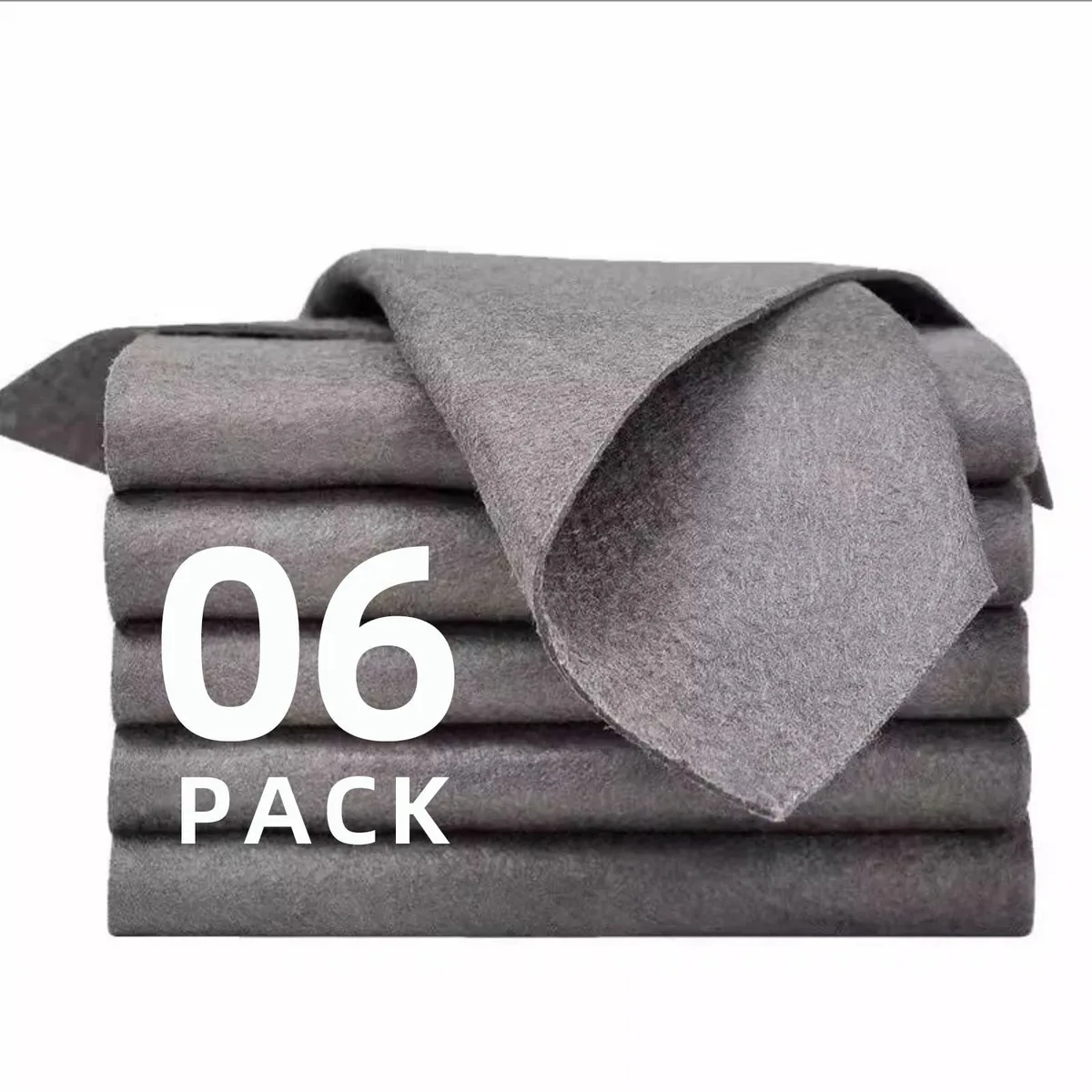 Six square blue microfiber cloths folded inside a bag