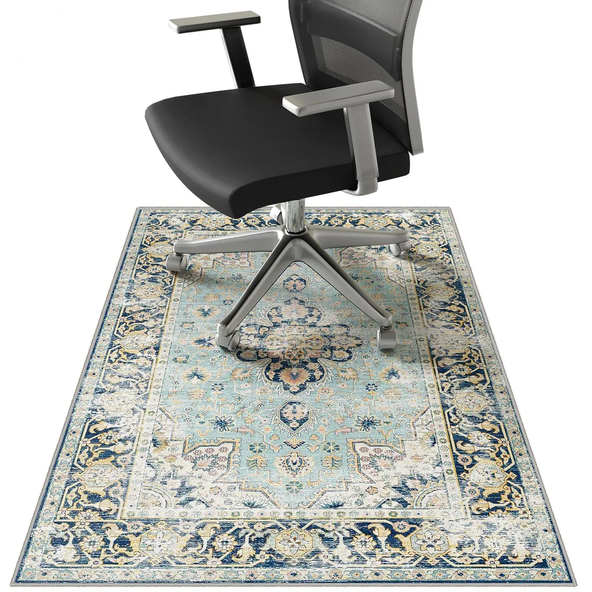 Rectangular beige vintage floral office rug with ultra-thin border and rubber backing