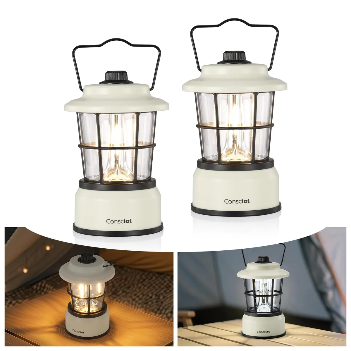 Small black retro lantern with top handle and dual light sources