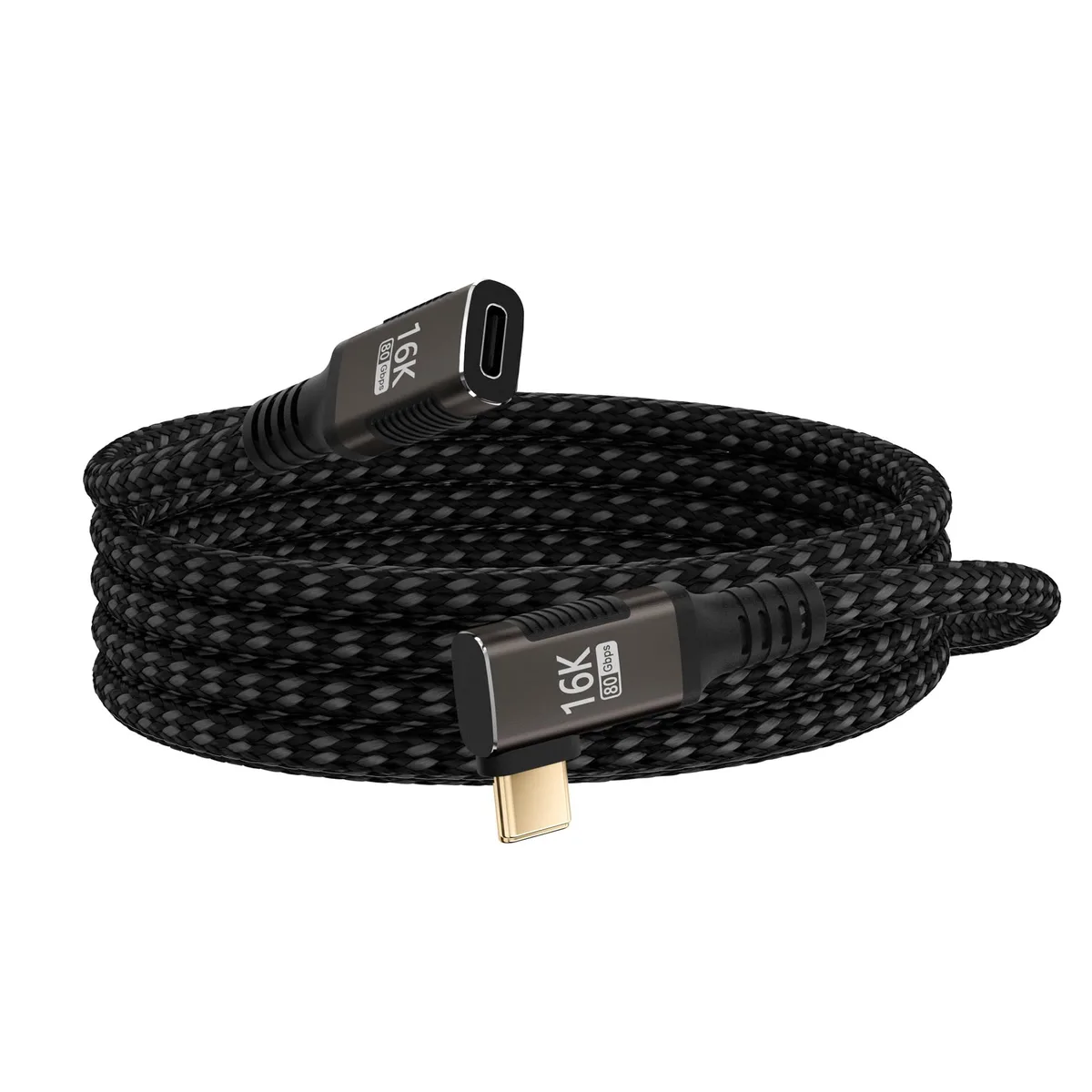 Braided USB-C extension cable with 90-degree L-shaped connector, male to female, 6.6ft long
