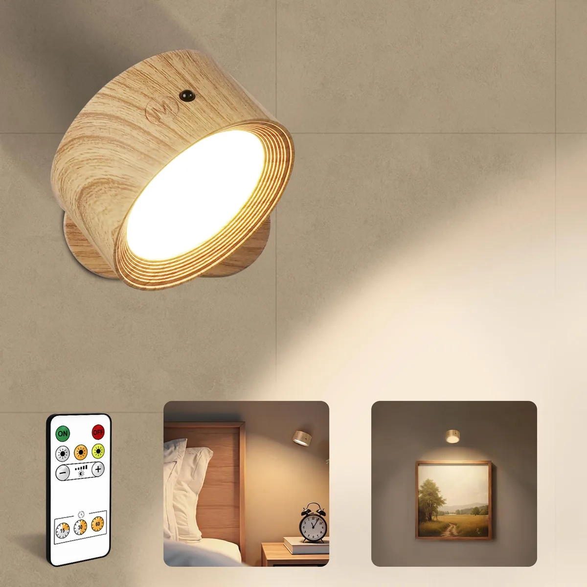 White round wall light with wood-grain finish and clear prismatic diffuser, cordless magnetic mount
