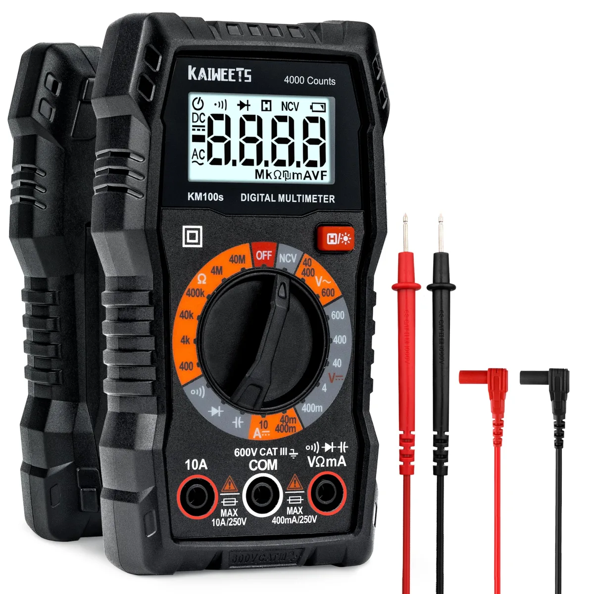 Yellow digital multimeter with rubberised case, fold-out stand and test leads