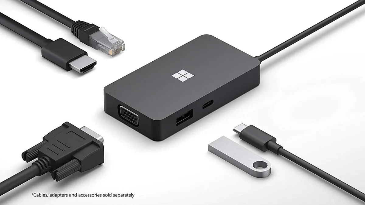 Black rectangular multiport adapter with USB-C, USB-A, HDMI, VGA and Ethernet ports