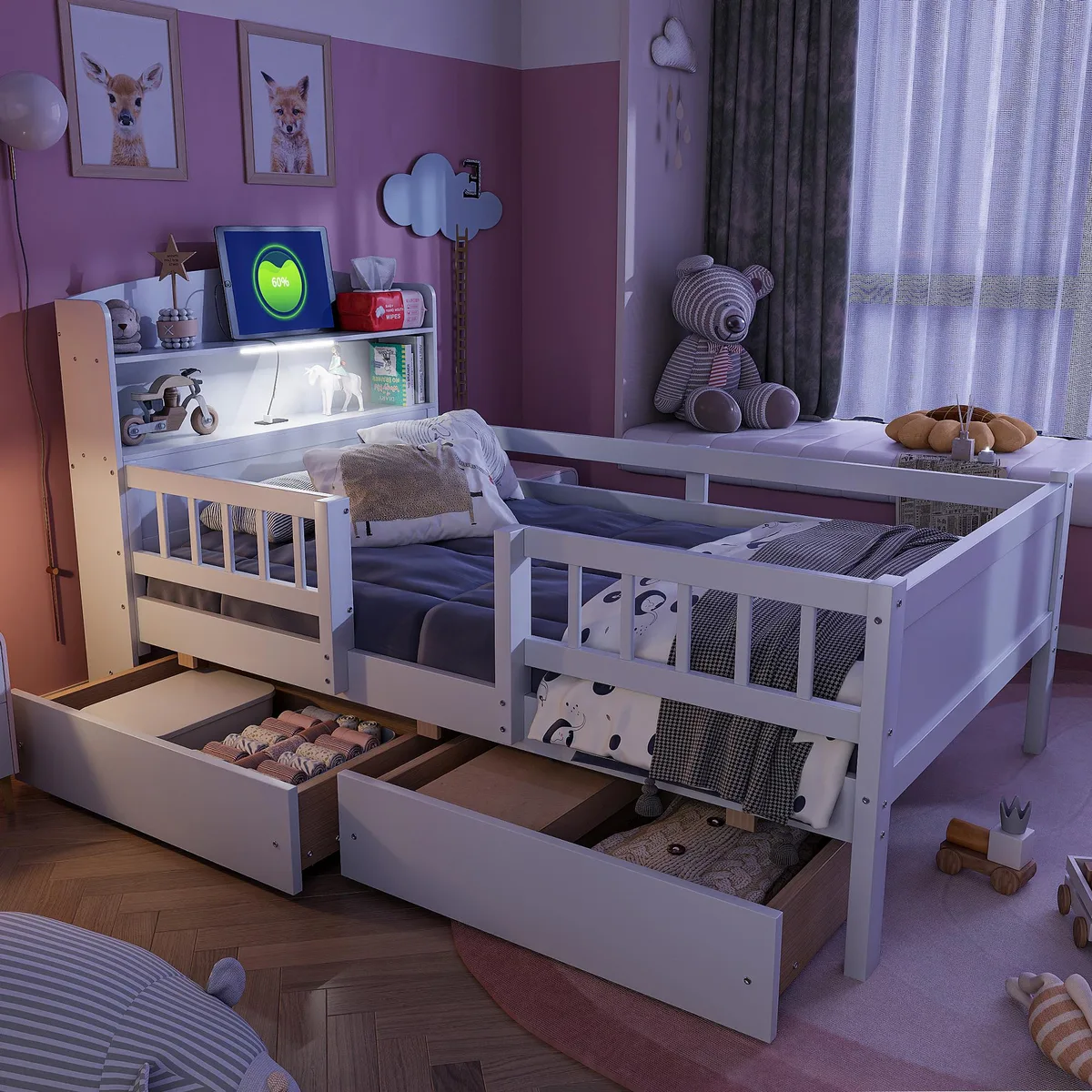 White twin platform bed with LED headboard, USB-C port, guardrails and two drawers