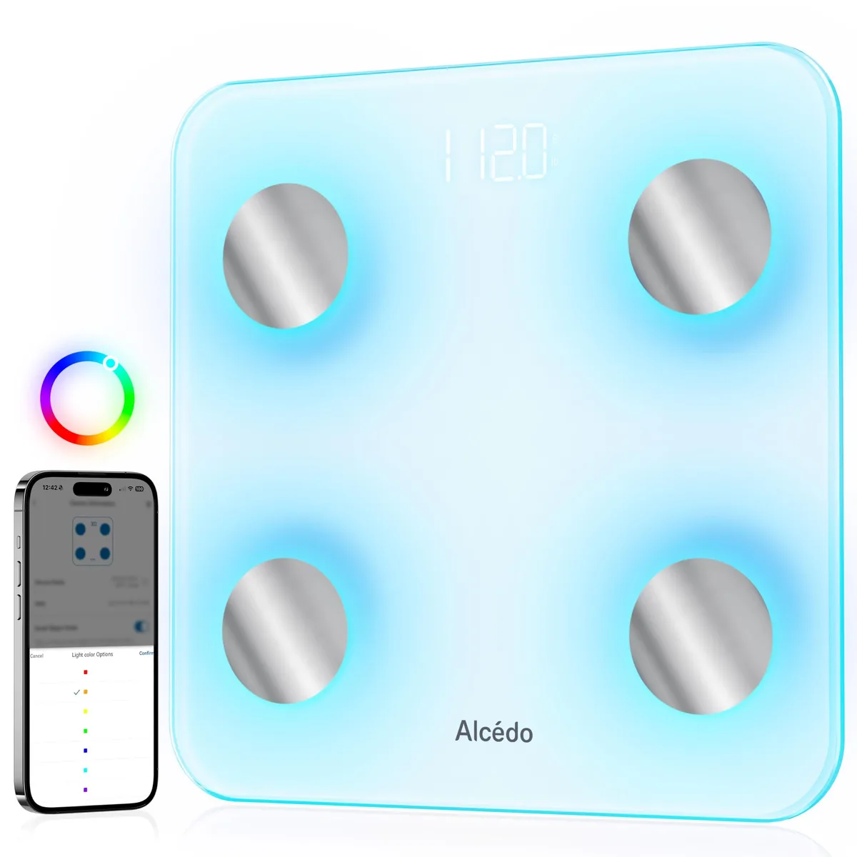 White flat bath scale with backlit display and colour-changing lights