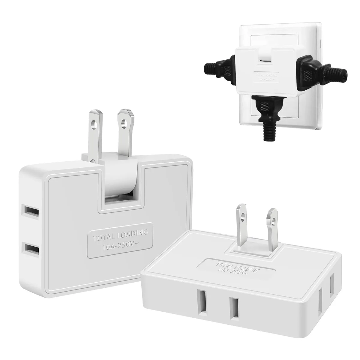 Two white flat three-outlet adapters with 180-degree rotatable plugs