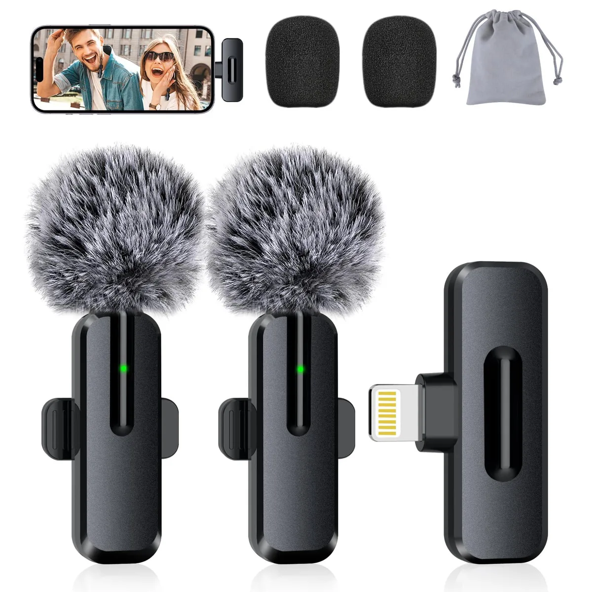 ZOPPLM WM189 Wireless Lavalier Microphone 2 Pack Lightning iPhone 14 &amp; Below Black — product photo