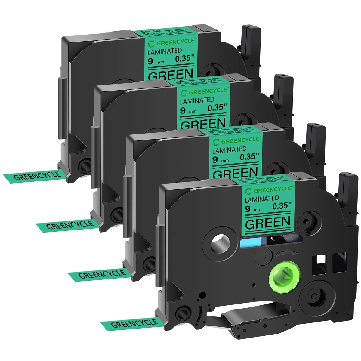 GREENCYCLE GREENCYCLE TZe-721 9mm 0.35" Laminated Black on Green Label Tape 4 Pack — product photo