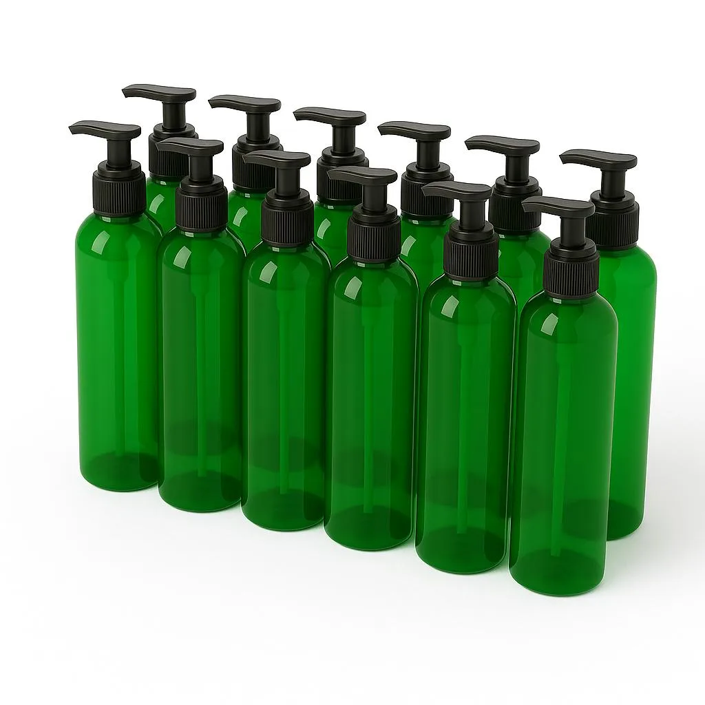 Twelve green 8 oz PET bottles with black saddle pumps, 7.5 inches tall