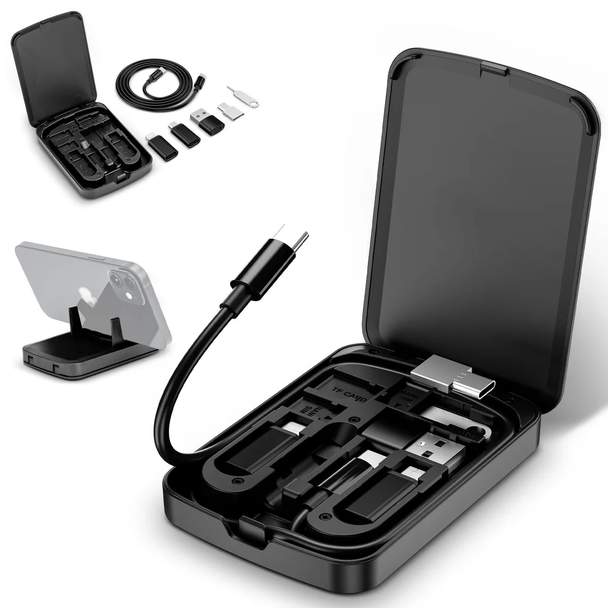 Black compact cable card with 22" USB-C cable and four adapters in storage slots