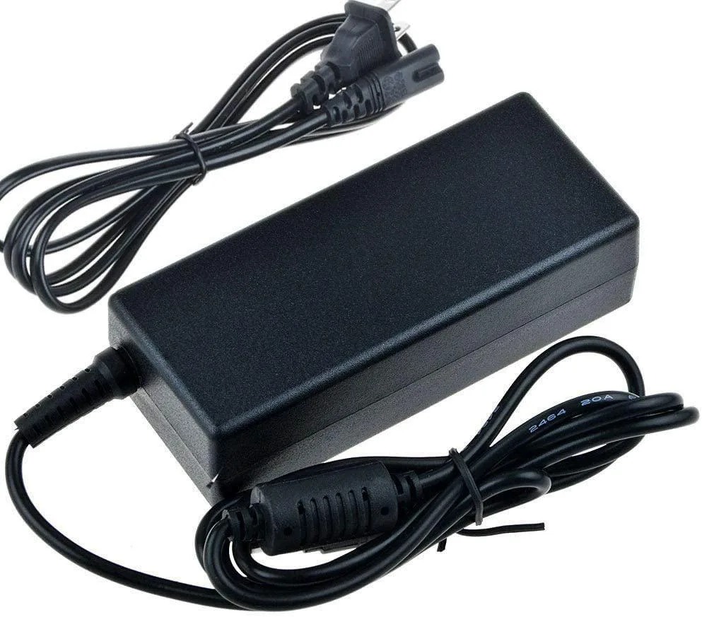 Compact black rectangular laptop power adapter with attached cable