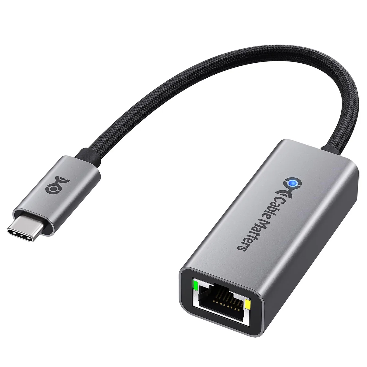 Grey USB-C Gigabit Ethernet adapter with braided pigtail cable and aluminium housing