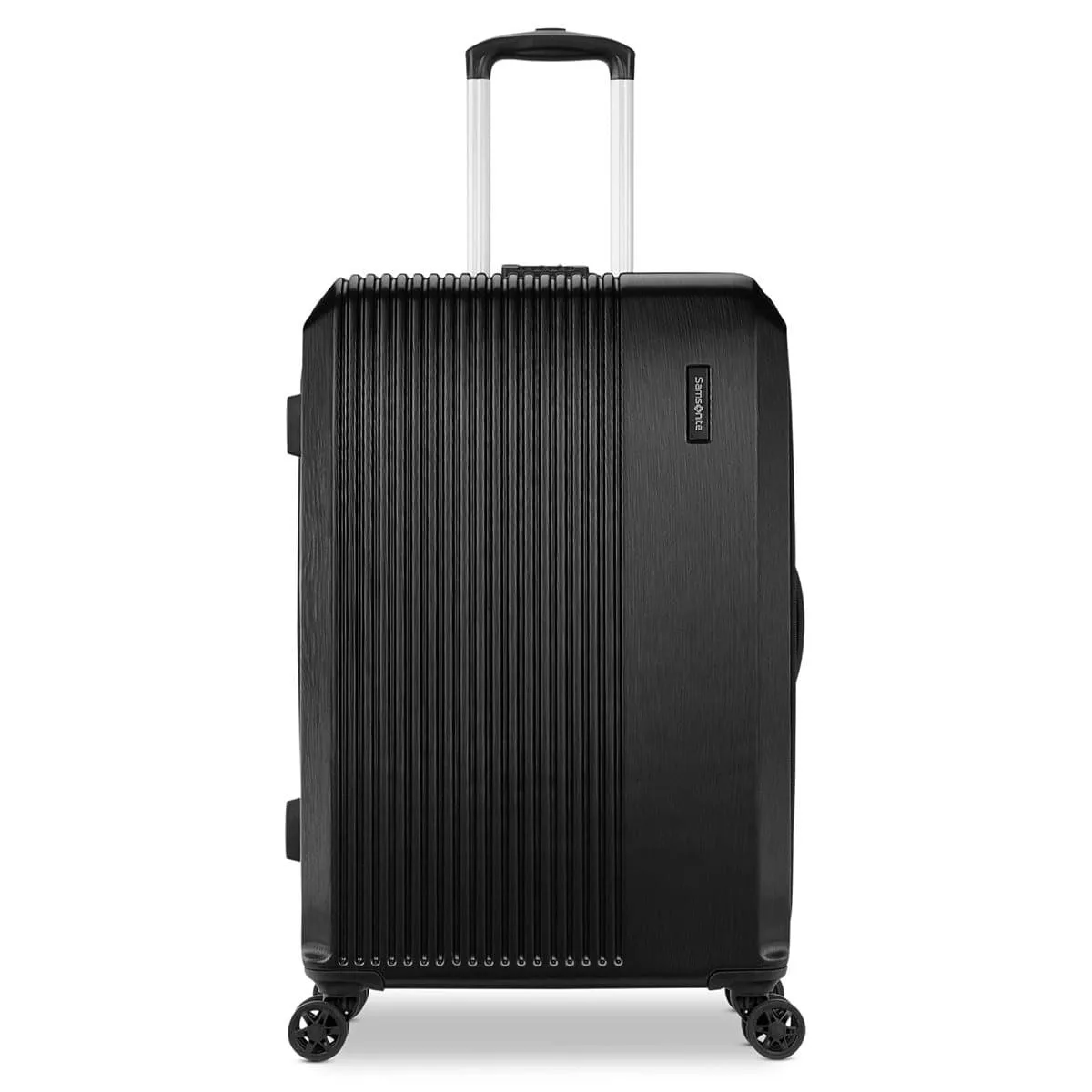 Medium spinner luggage in Bass Black with four 360 dual wheels and textured polycarbonate ABS shell