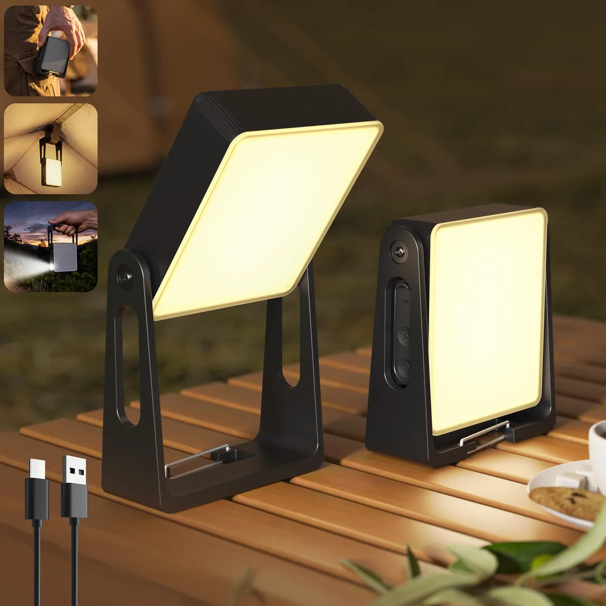 Two black mini LED flashlights with 360° rotatable stands and handles