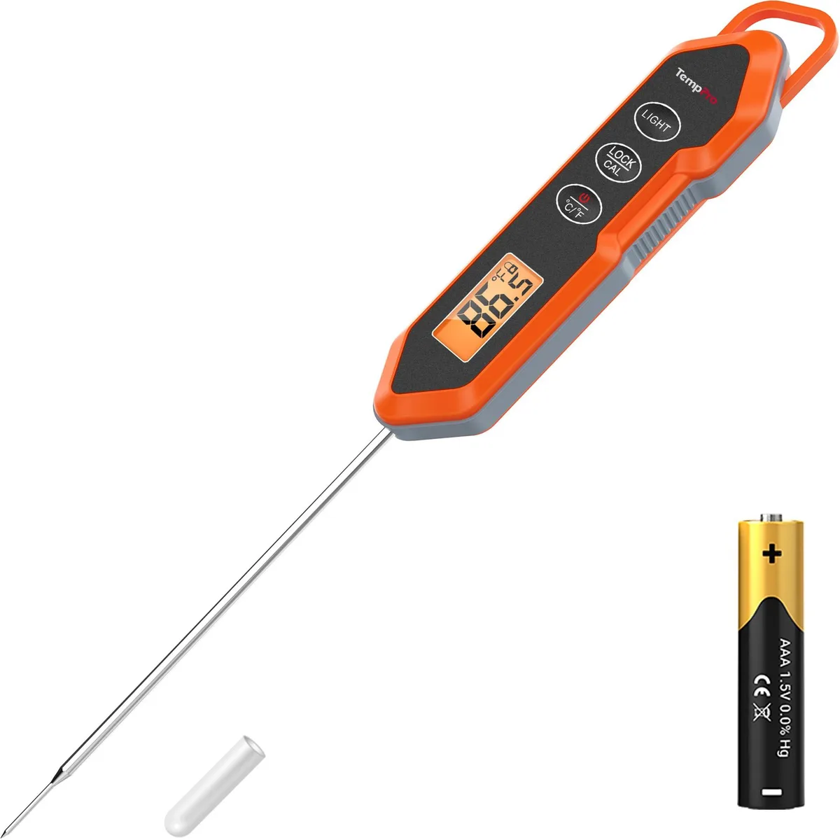 Orange handheld digital thermometer with 5.4 inch stainless probe and backlit display