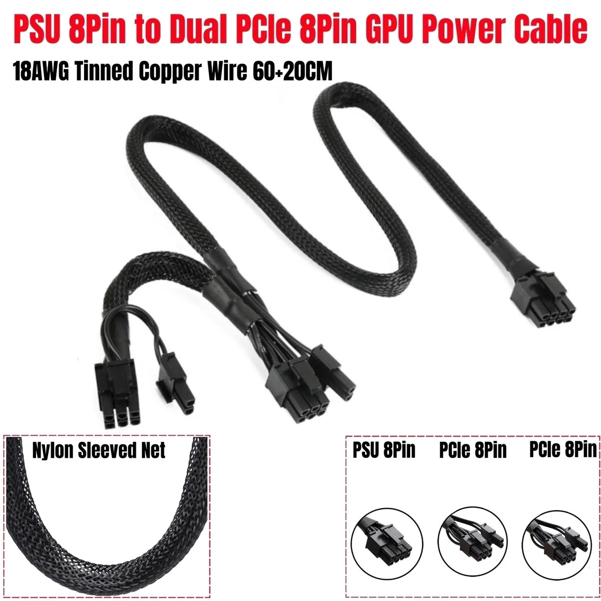 YEPLOOK YEPLOOK PCIe Dual 8Pin 6+2Pin Sleeved 60+20CM Cable for Corsair RMe Type 4 — product photo