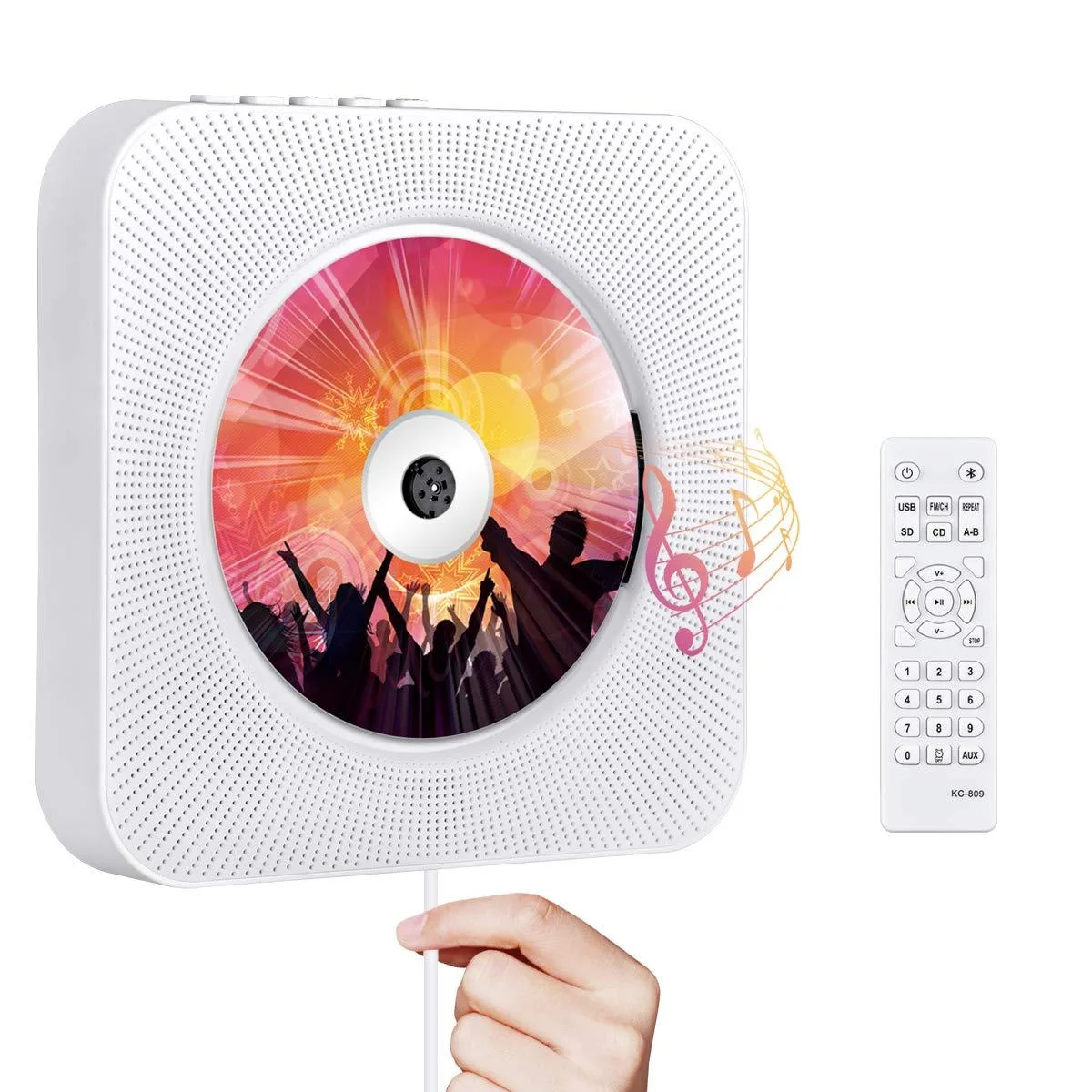 White circular wall-mountable CD player with pull-switch power cable and remote control