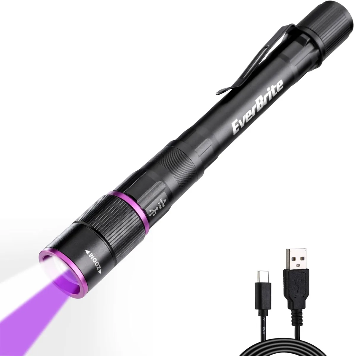 Black cylindrical pen flashlight with clip, zoomable head, USB-C port