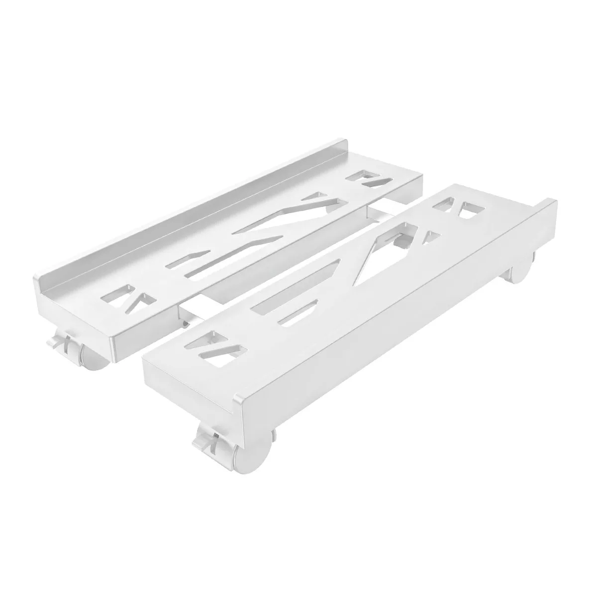White metal frame on four caster wheels, adjustable width 7.78 to 11.41 inches, length 16.93 inches