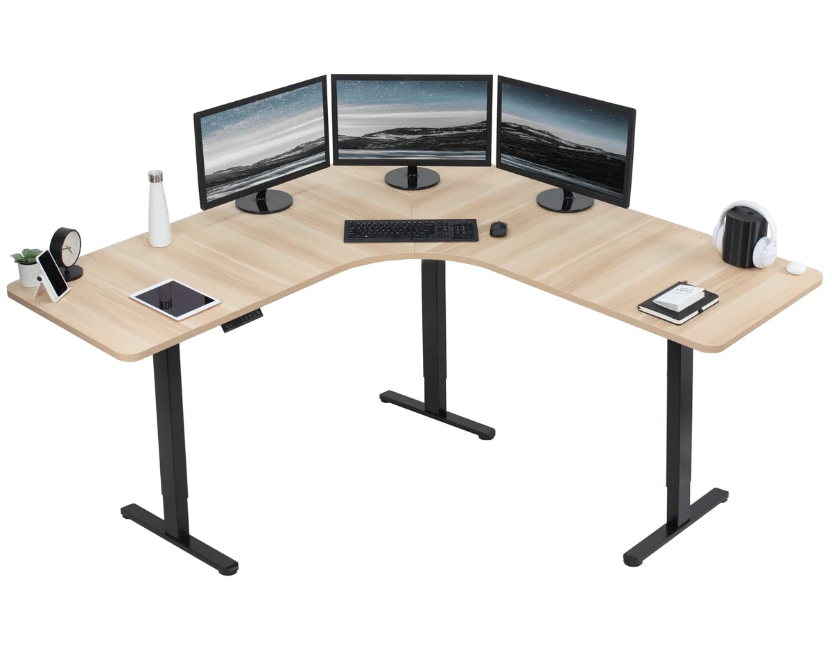 VIVO VIVO Light Wood/Black Electric Curved Corner Desk 71" x 71 — product photo