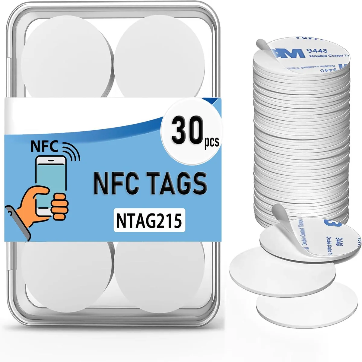 Pack of 30 round 25mm white NFC stickers with adhesive backing