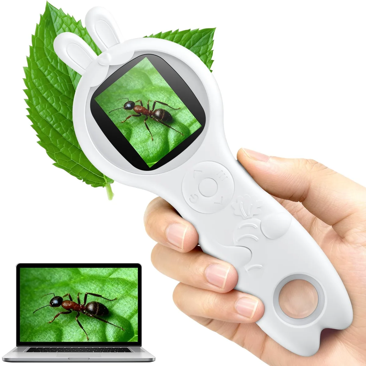 White handheld digital microscope with 2.0 inch IPS screen and 500x magnification