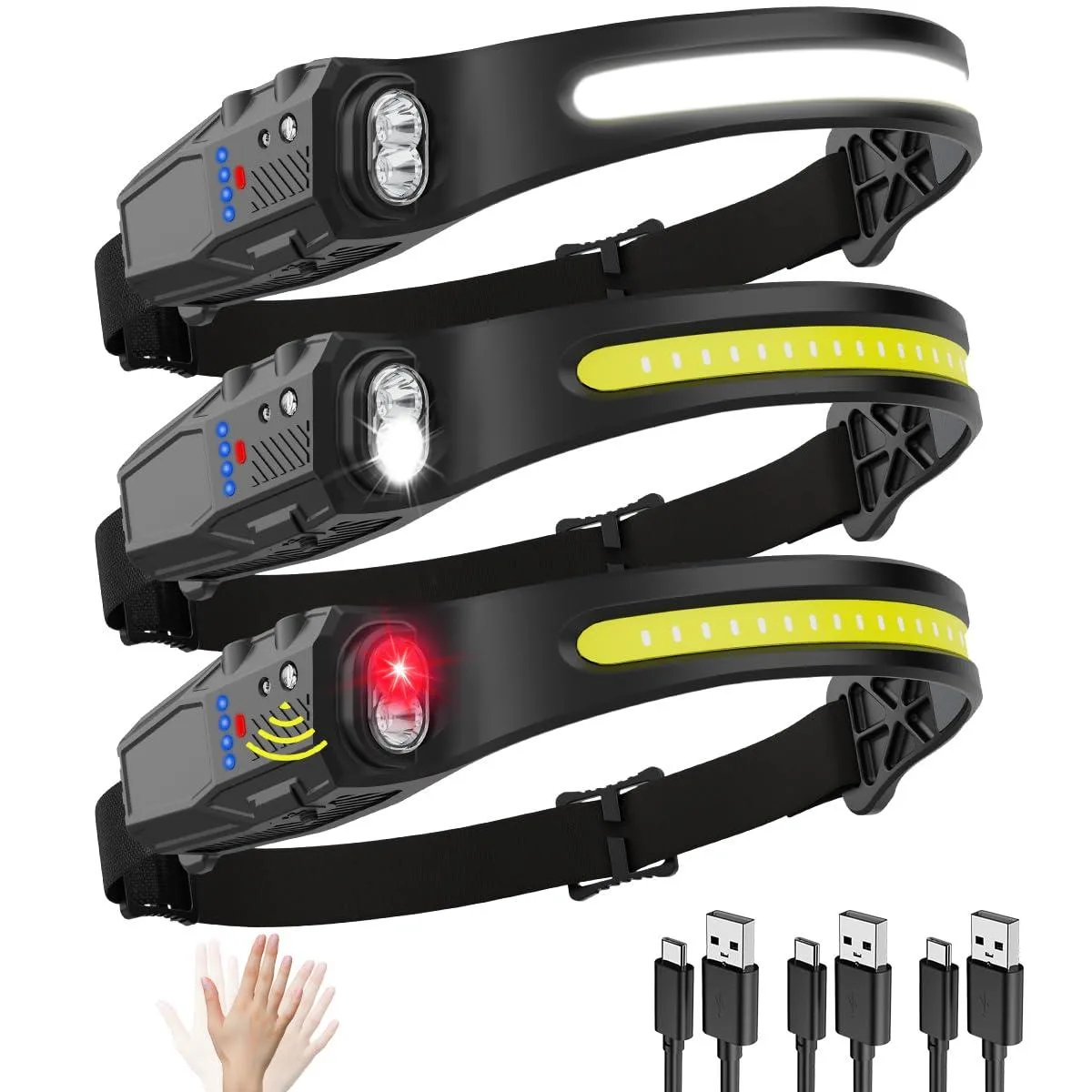 Three black rechargeable headlamps in a pack, wide 230° beam, motion sensor, red light mode