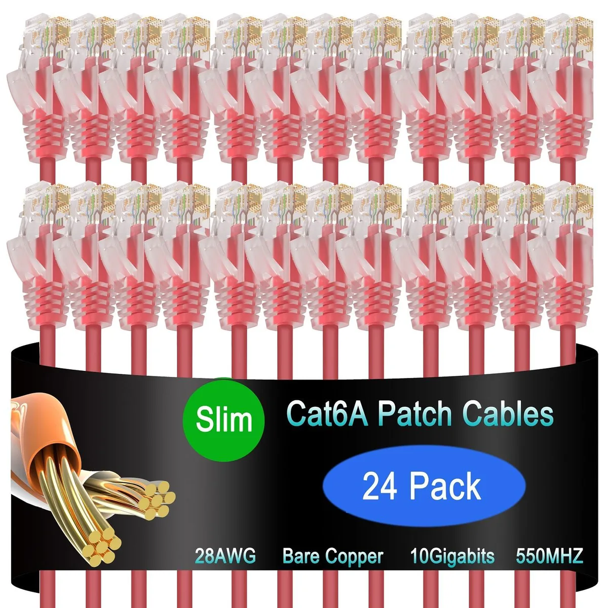 Red slim Cat6a patch cables with clear snagless RJ45 connectors, 24 pack