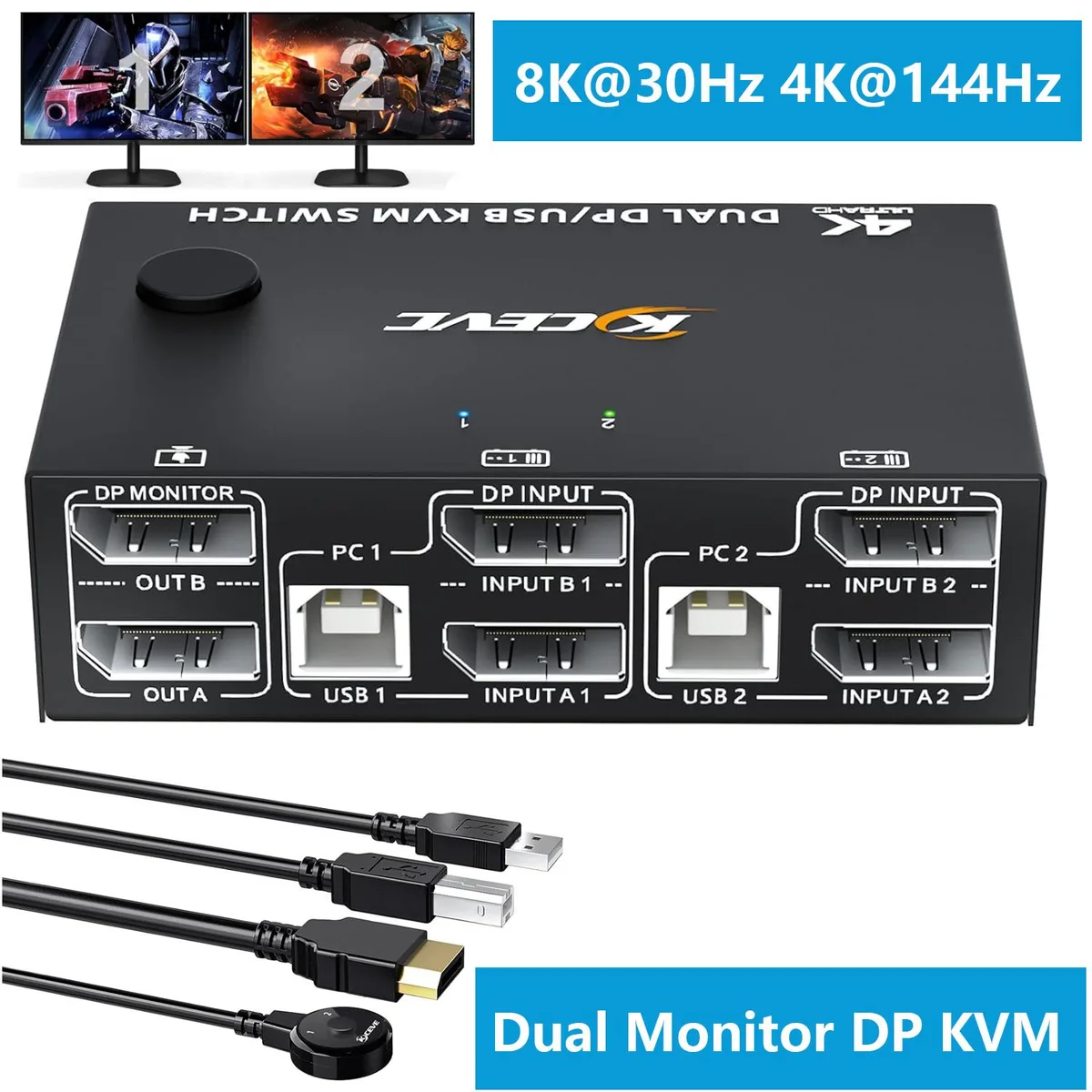 IHDAPP IHDAPP Dual Monitor DisplayPort KVM Switch 2×2 8K30 4K144 4 USB Wired Remote — product photo
