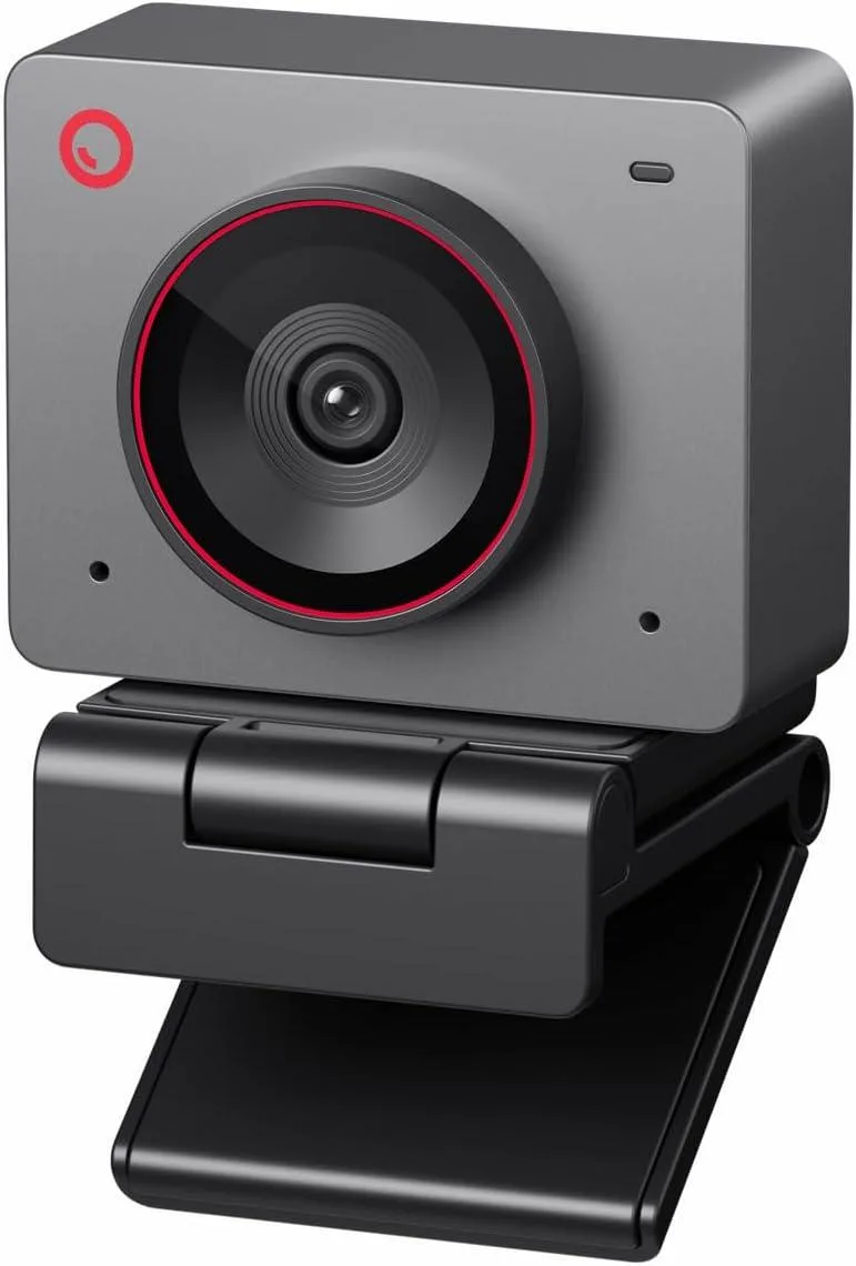 Compact space-grey 4K webcam with USB-C cable, dual mics, gesture control, 40.5 grams