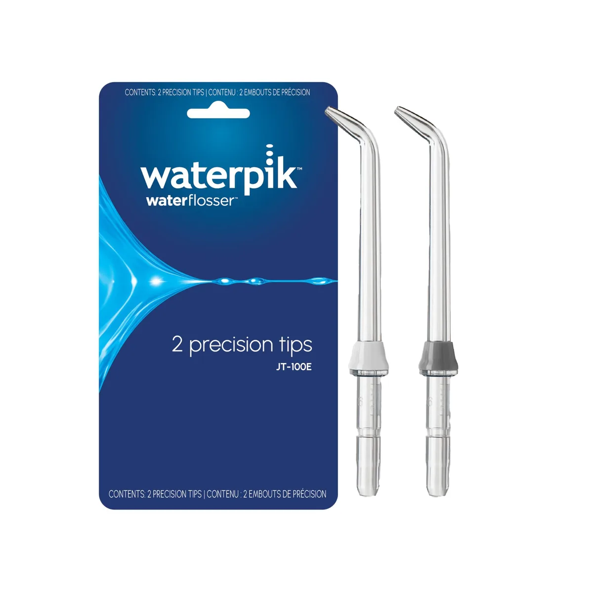 Two small plastic water-flosser tips, colour-coded, in a clear blister pack