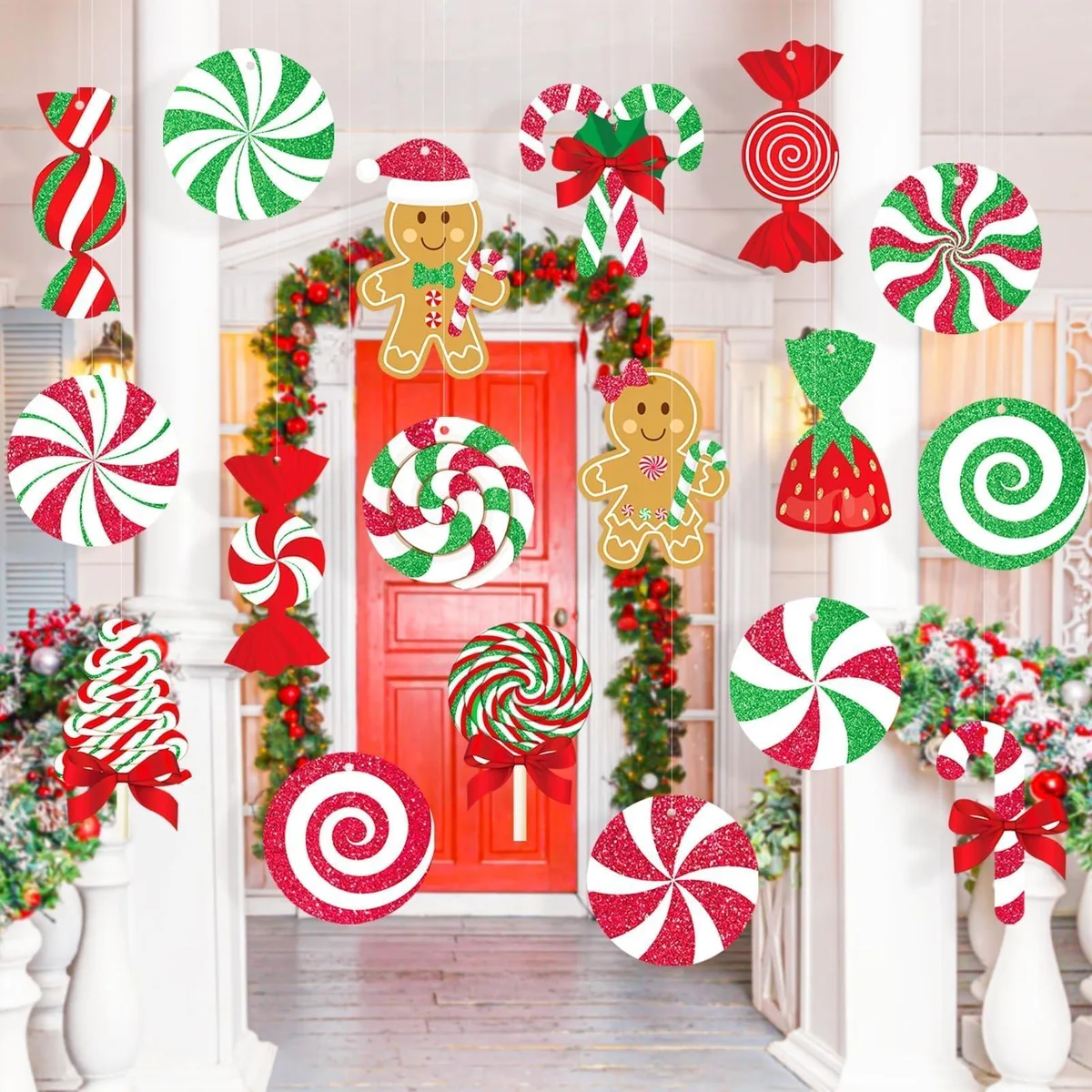Eighteen red candy-themed plastic ornaments with blue cord, gingerbread and cane shapes