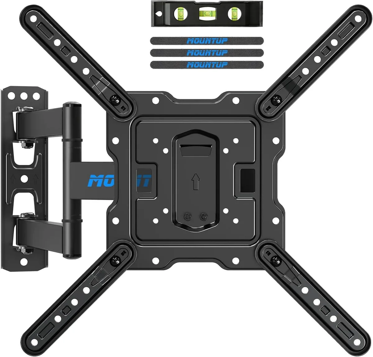 Black steel full-motion TV wall bracket with articulated arm extended, wide wall plate and VESA rails visible